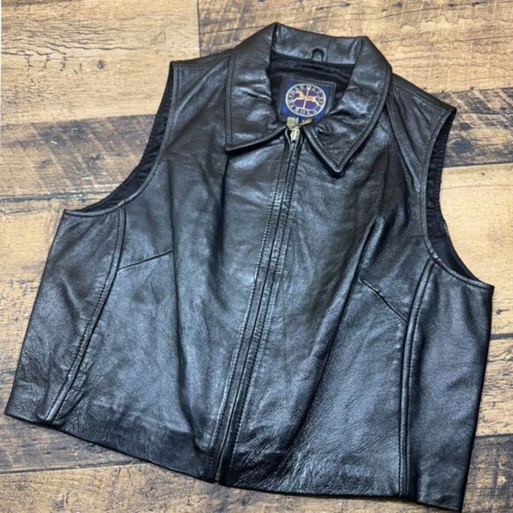 Harold's Black Leather Zip Front Vest Sleeveless Motorcycle Biker Style M/M
